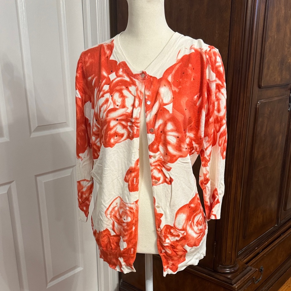 Floral Women's Button Down Sweater - Orange and White